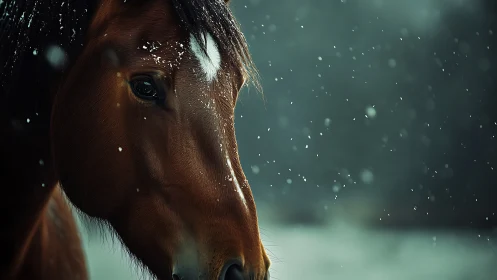 Photorealistic close-up of a bay horse in falling snow portrait.