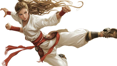 Martial artist midair kick with flowing red sash and focus.
