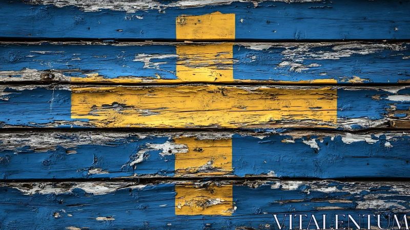 Weathered Swedish flag painted on rustic wooden boards.