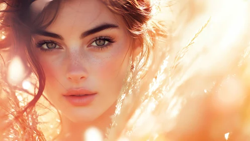 Sunlit portrait with golden bokeh and freckled detail.