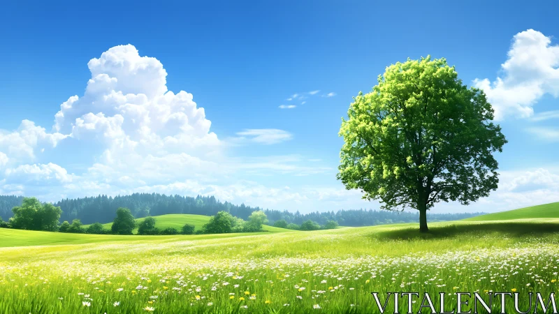 Isolated tree stands in a bright green meadow under blue sky