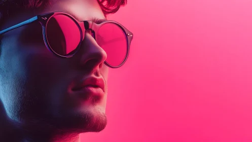 Stylish man in sunglasses with neon pink lighting, modern portrait.