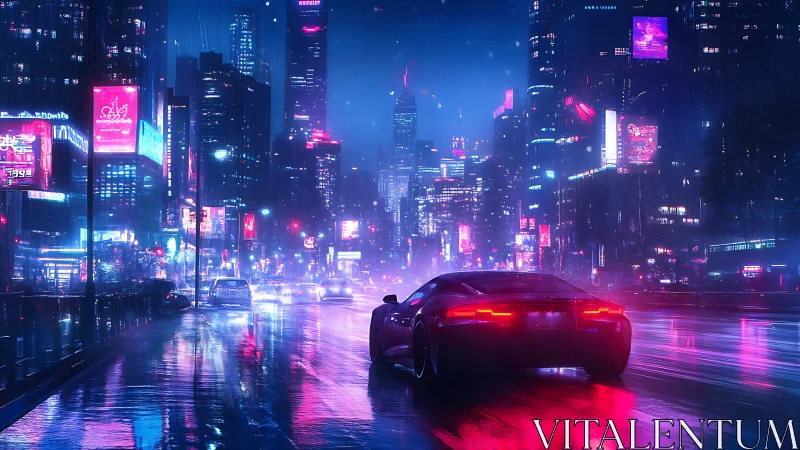 Cyberpunk sports car cruising neon city in rain-soaked night.