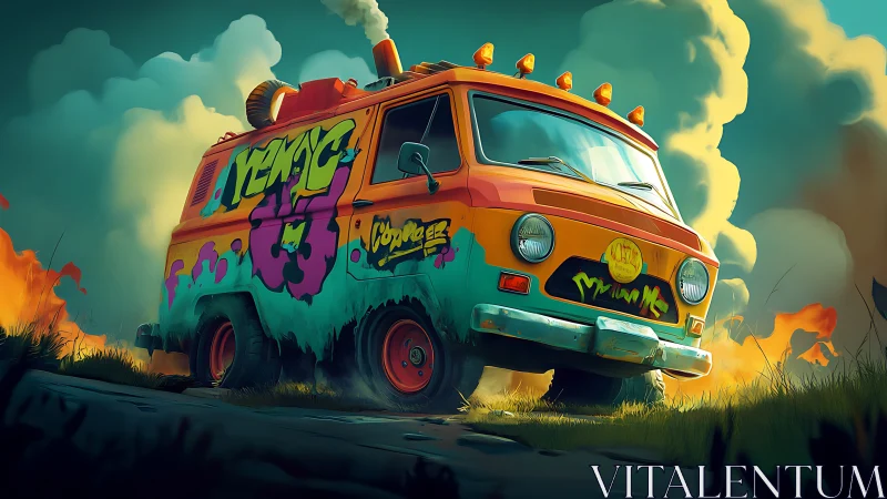 Digital painting of graffiti van in cinematic motion glow.
