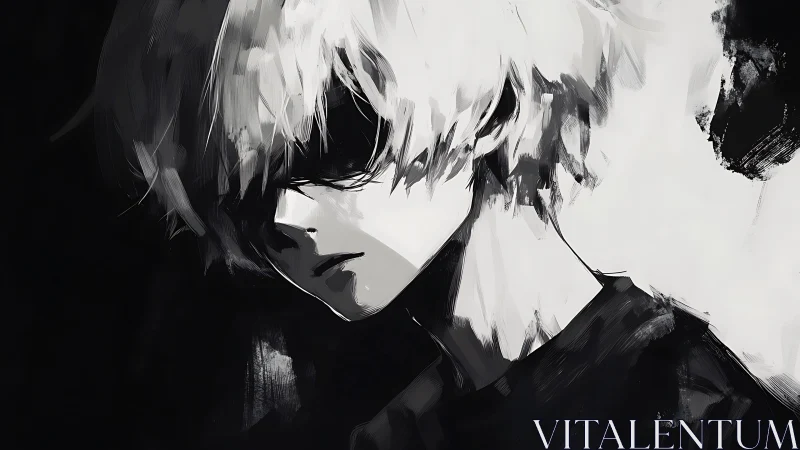Monochrome portrait of brooding anime boy in shadow.