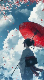 Kimono silhouette beneath crimson parasol and drifting petals.