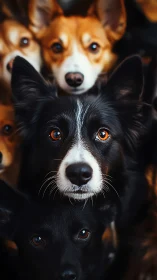 Close-up vertical composition of multiple dogs’ faces.