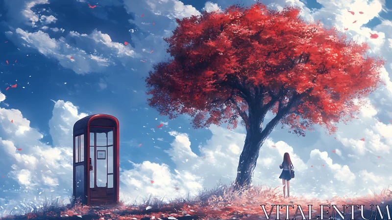 Red canopy arboreal structure with isolated phone kiosk interface.