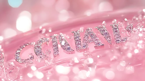 Glittered lettering emerges through defocused pink highlights