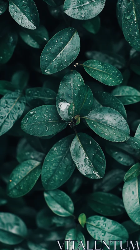 Rain-kissed green leaves in moody close-up composition.