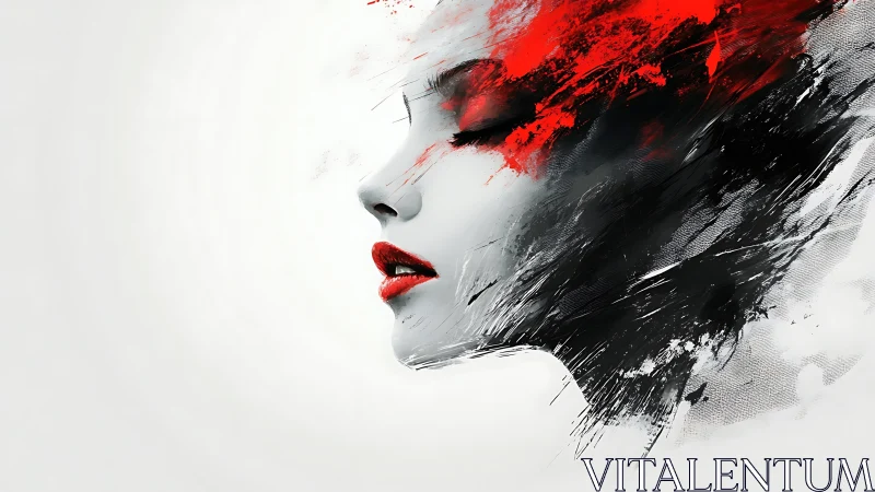 Female profile silhouette merges into red and black brush strokes