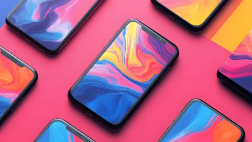 Modern smartphones with abstract colorful displays on pink background.