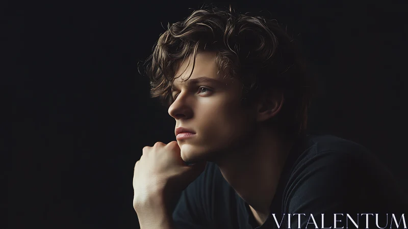 Side-profile portrait shows young man in soft studio light.