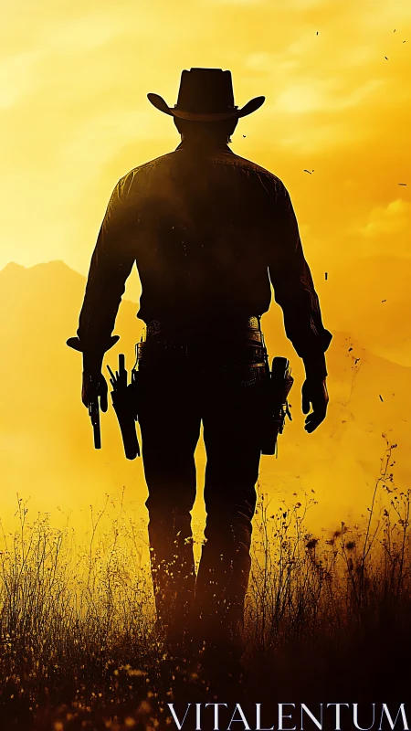 Lone cowboy strides into blazing sunset on open plain.