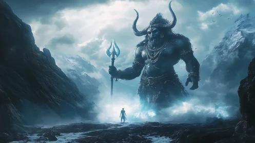 Mythic ice titan towers over lone warrior in frozen pass.