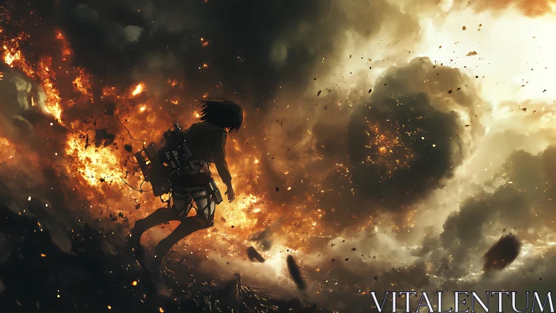 Armored figure leaping through explosive inferno.