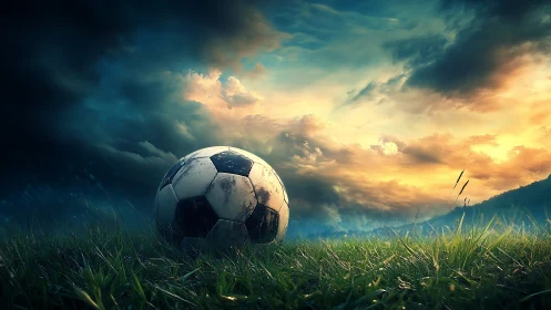 Weathered soccer ball on dewy grass under dramatic sunset sky