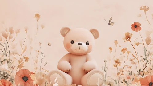 Soft teddy bear smiles amid pastel wildflower garden.