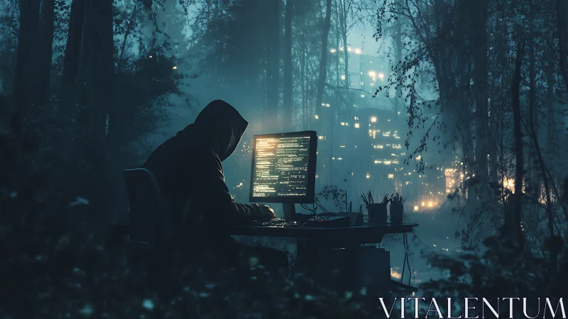 Hooded programmer operates illuminated workstation in foggy forest
