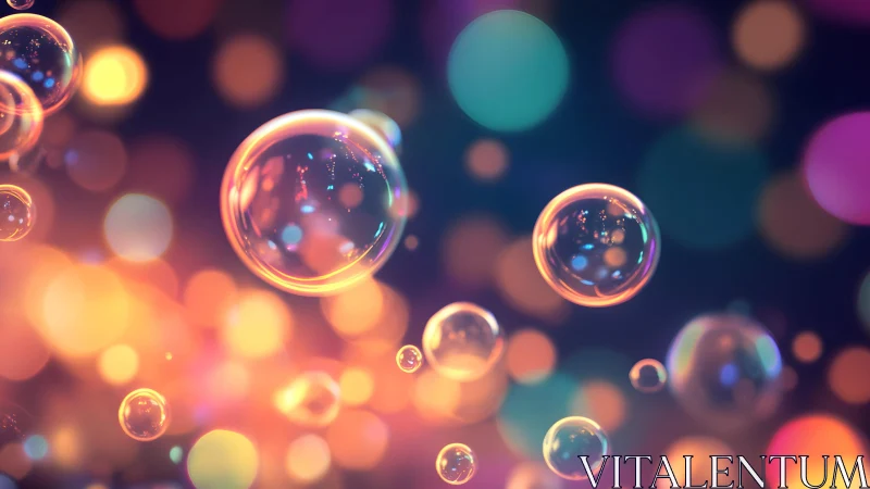 Floating Soap Bubbles with Colorful Bokeh Lights, Abstract Art.