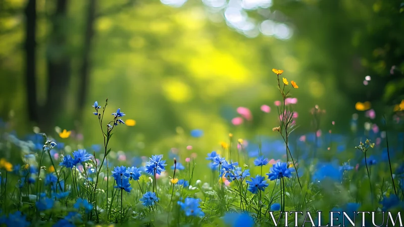 Sunlit wildflower chorus in a dreamy woodland clearing.