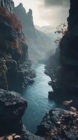 Narrow river channel between steep rocky cliffs at dusk.