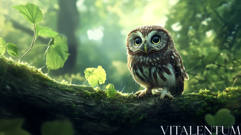 Adorable baby owl on mossy branch in enchanted forest, digital art.