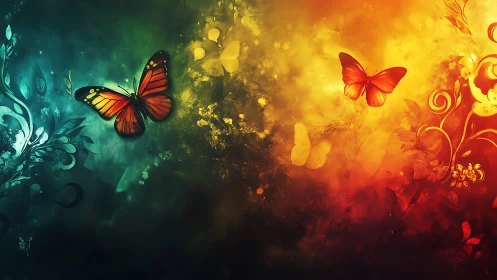 Chromatic butterfly vector field across teal‑to‑amber gradient.