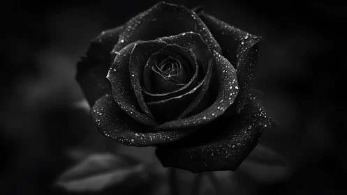 Single black rose holds glistening water droplets in macro view