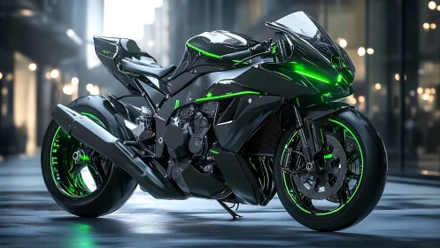 Futuristic sport motorcycle glows neon green in sleek city