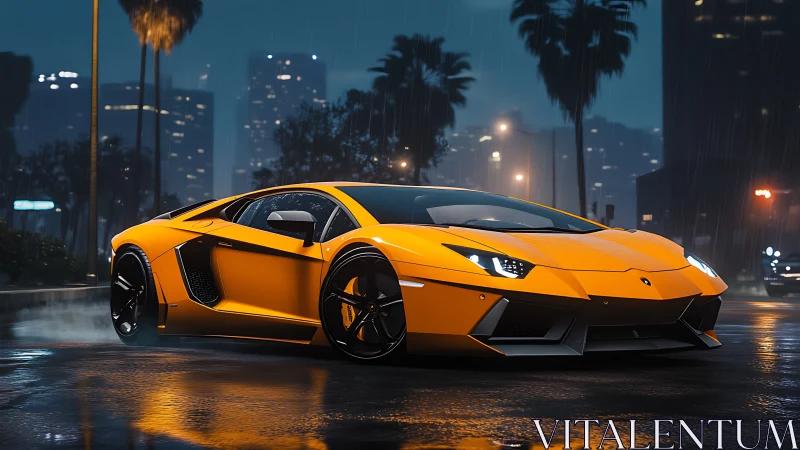 Midnight city streets welcome a bold orange supercar