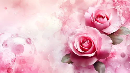 Pink Roses with Watercolor Splashes.
