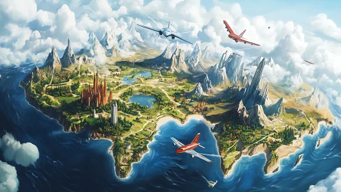 Floating fantasy continent with vivid aircraft traffic.