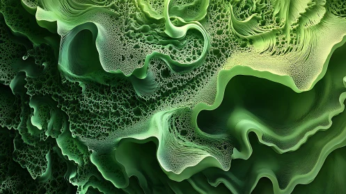 Organic green fractal waves in layered cellular bloom.