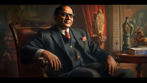 Seated man in formal suit in richly decorated interior.