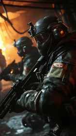 Tactical shadows sharpen as armored operators breach firelit steel