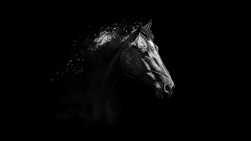 High contrast equine portrait with dispersing particle texture