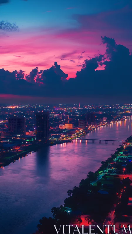 Vertical skyline river view records dusk illumination