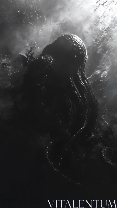 Colossal abyssal entity emerging through stormlit mist.