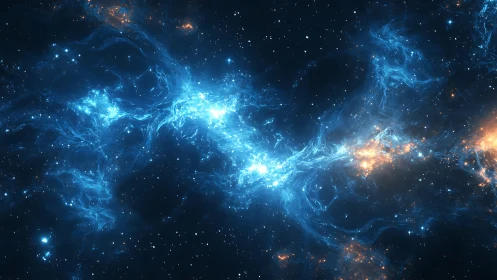 Ionized blue nebular filaments intersecting dense star-forming cluster