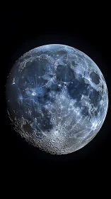 Luminous lunar surface reveals detailed icy blue craters.