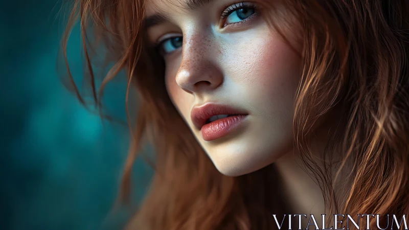 Close-up portrait of young woman with red hair and freckles.