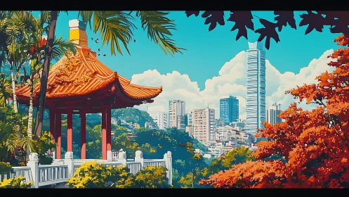 Pagoda skyline interface with layered urban-ecological depth.