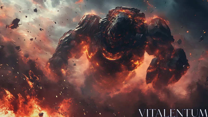 Molten armored mech emerging through explosive cloud field.