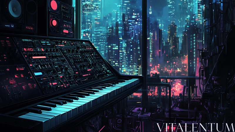 Neon skyline synth studio composing midnight city echoes.