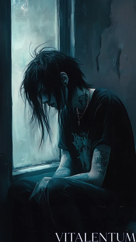 Melancholic figure in teal backlight with detailed emo styling