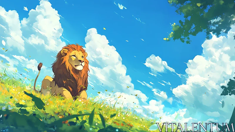 Majestic lion resting on sunlit meadow under vivid sky.