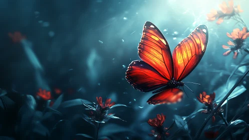 Luminous red butterfly in blue bokeh garden with backlighting