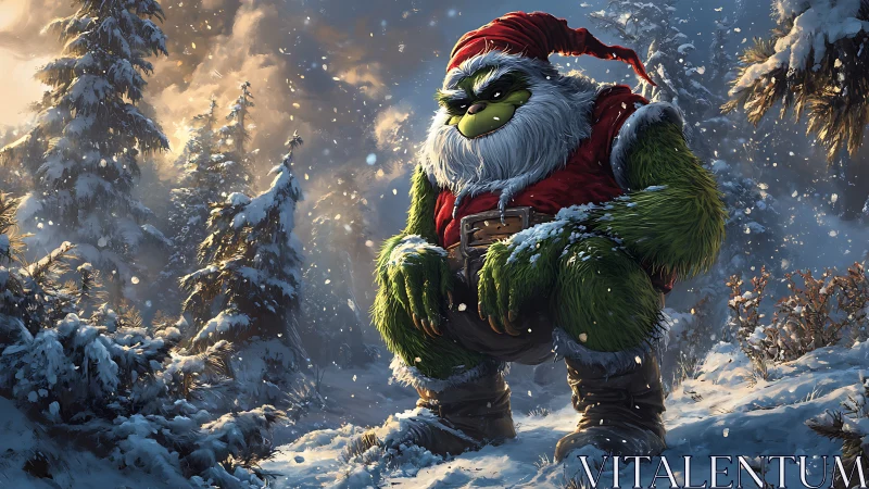 Green furry Christmas brute stalks snowy forest clearing