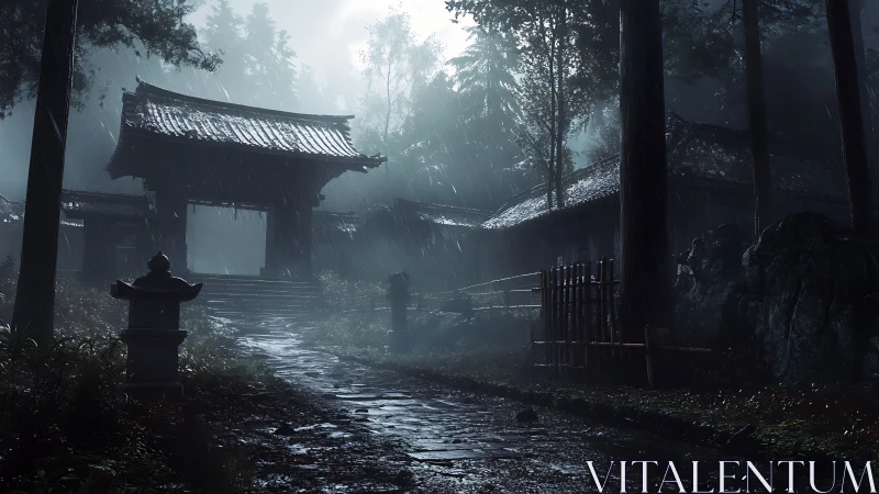 Rain-soaked temple gate in misty forest at night scene.